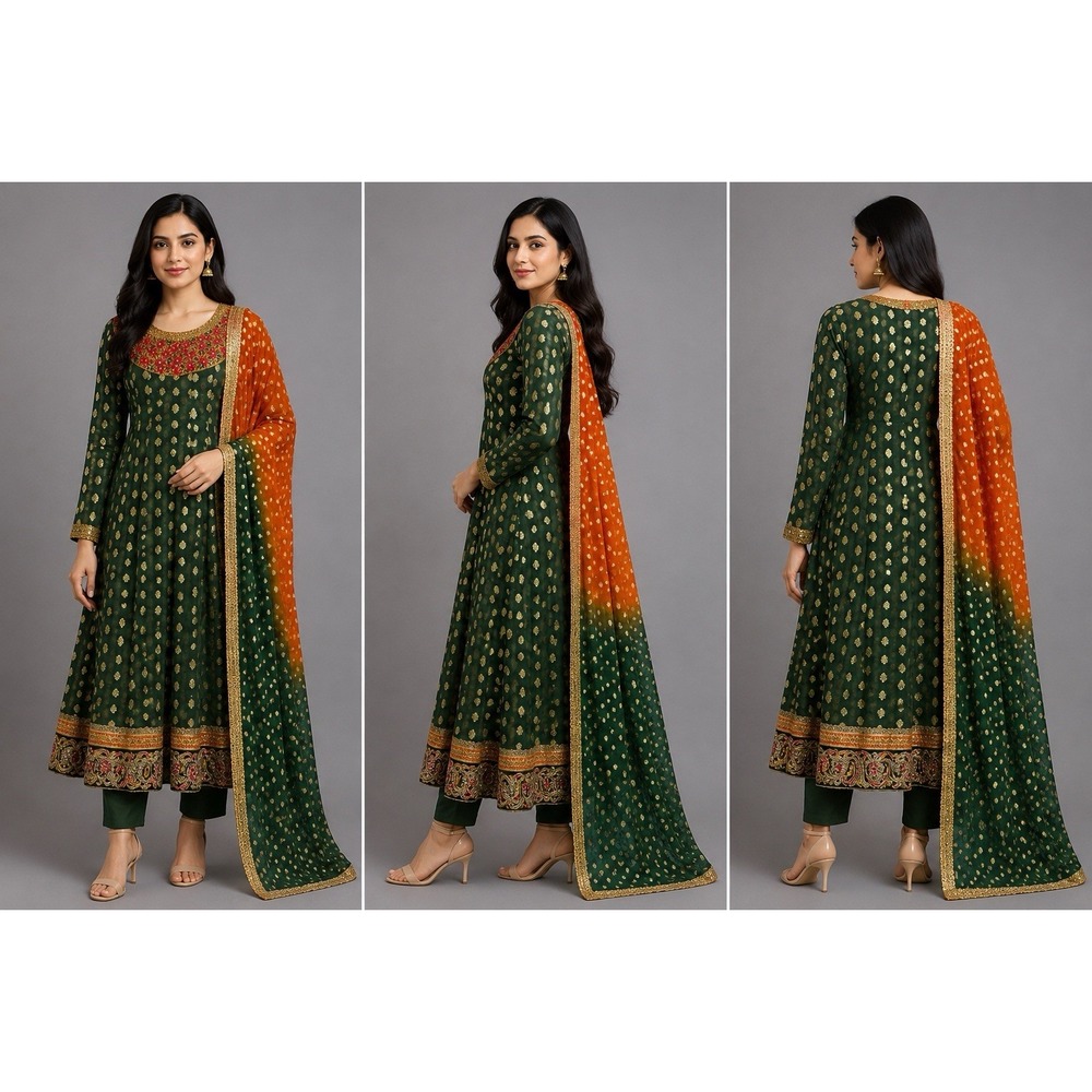 Indian Pakistani Anarkali Suit 4PC Green Embroidered Dupatta Pants A42